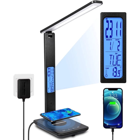 LED Desk Lamp with Wireless Charger, Suitable for Home, Office Dimmable, with USB Charging Port, Built-in Clock, Calendar, Thermometer and Automatic Timing Reading Desk Lamp.