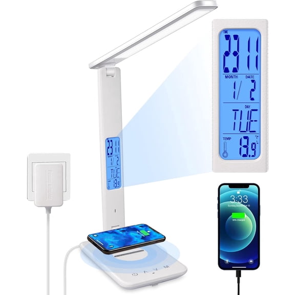 LED Desk Lamp with Wireless Charger, Suitable for Home, Office Dimmable, with USB Charging Port, Built-in Clock, Calendar, Thermometer and Automatic Timing Reading Desk Lamp.