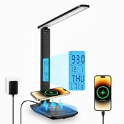 LED Desk Lamp with Wireless Charger, USB Charging Port, Adjustable Foldable Table Lamp with Clock, Alarm, Date, Temperature, 5-Level Dimmable Lighting, Office Lamp with Adapter,Black