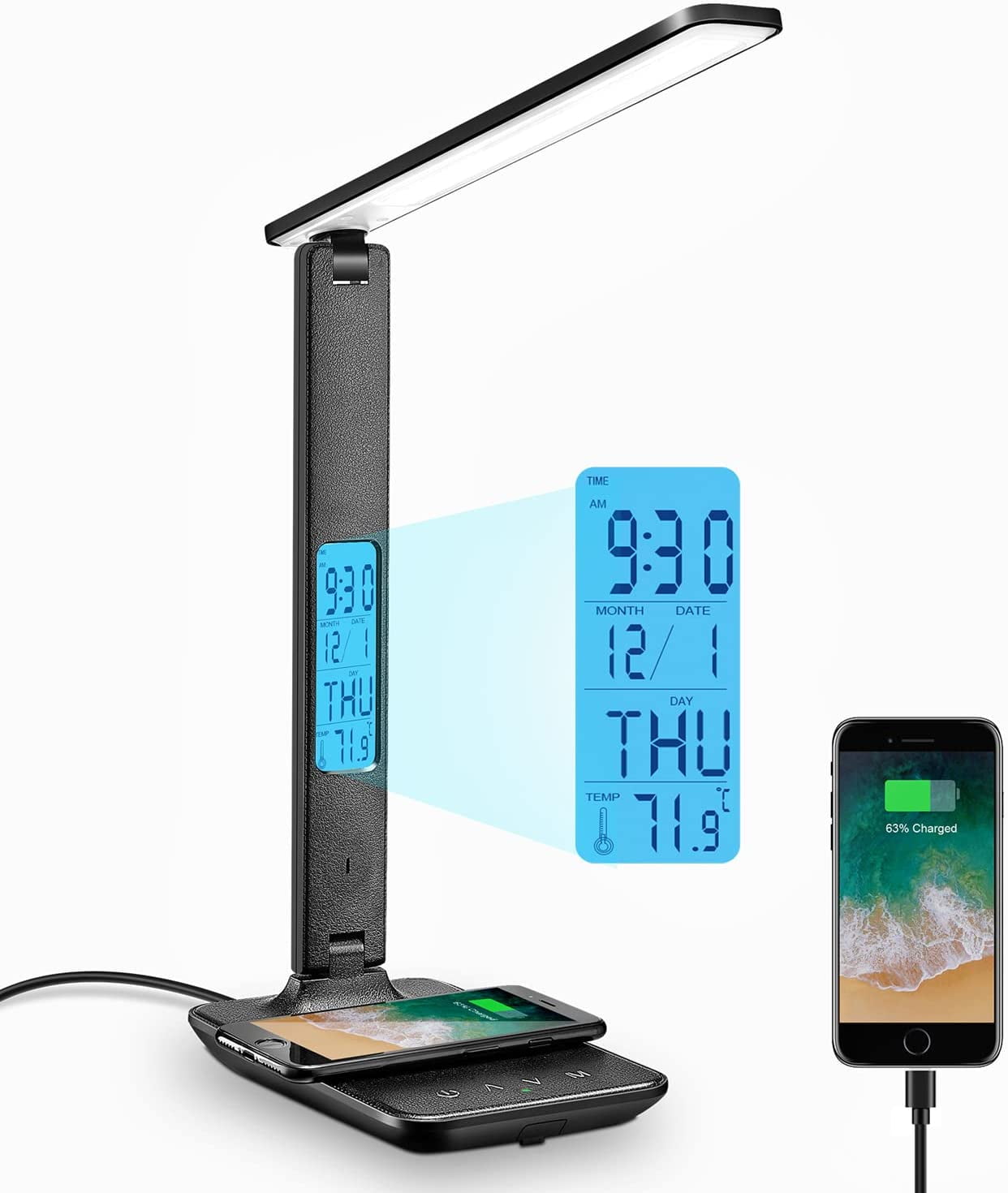 LED Desk Lamp with Wireless Charger, USB Charging Port, Adjustable Foldable Table Lamp with Clock, Alarm, Date, Temperature, 5-Level Dimmable Lighting, Office Lamp with Adapter,Black