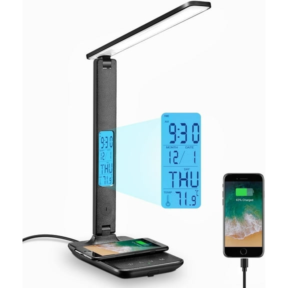 LED Desk Lamp with Wireless Charger, USB Charging Port, Adjustable Foldable Table Lamp with Clock, Alarm, Date, Temperature, 5-Level Dimmable Lighting, Office Lamp with Adapter,Black