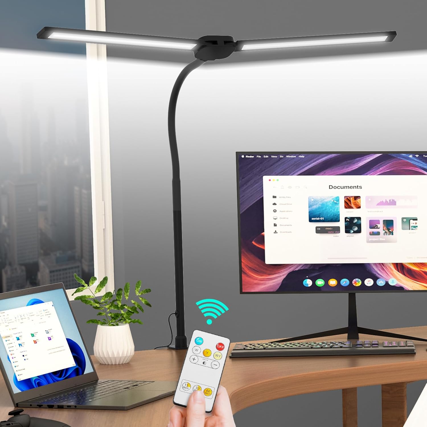 LED Desk Lamp with Wireless Remote, Dual Screen Computer Monitor Desk Lamps for Home Office, Eye ...