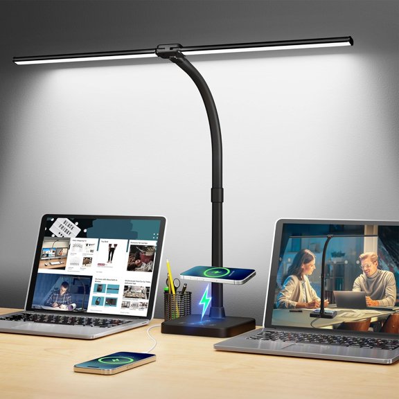 LED Desk Lamp for Home Office, 24W Double Head Desk Light with Wireless Charging, USB Port, 25 Lighting Modes Adjustable Lamps