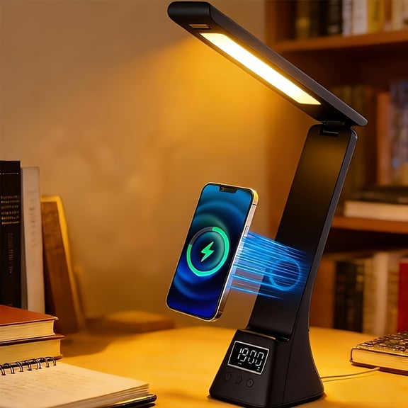 LED Desk Lamp with 15W Wireless Charger and Alarm Clock, Foldable Black Study Light