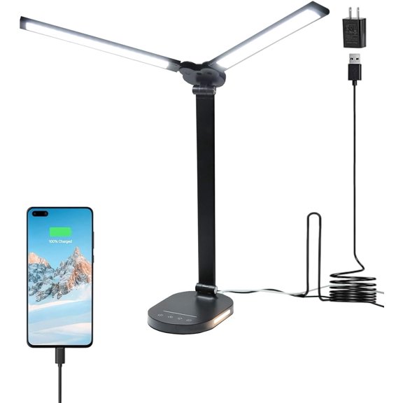 LED Desk Lamps for Home Office, 14W Bright Double Swing Arm LED Desk Lamp with USB Charging Port, Eye-Caring Task Lamp, Desktop Lamp with Night Light Table Read Light for Bedroom Work Study Craft