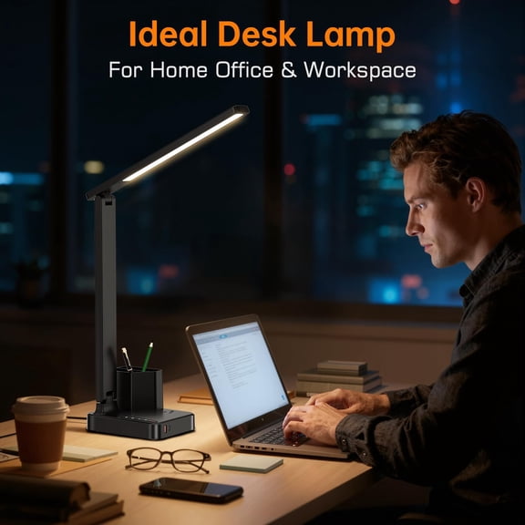 LED Desk Lamps for Home Office, Modern Dimmable Eye Caring Desk Light with USB Charging Ports AC Outlet, Pen Holder,Touch/Memory/Timer, Kids Small Table Lamp for Reading, Bedroom, Study, Craft