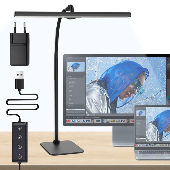 Lococo LED Desk Lamp, Tall Gooseneck, 5-Level Dimmable Brightness & Color for Home Office