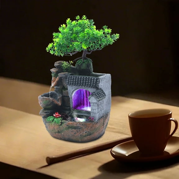 LED Desktop Water Fountain with Rockery Landscape, Resin Material, Soothing Waterfall Sound, Indoor Tabletop Garden Decor with Colorful LED Lights