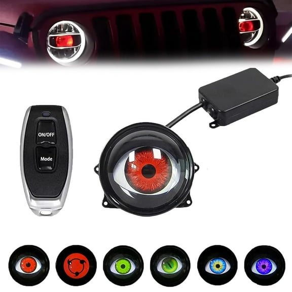LED Devil Eyes Headlights for Cars, Adjustable Eye Pattern USB/12V Powered Projector Lens, Remote Control & Battery-Operated Durable Alloy Car Mods Enhances Night Driving Safety & Custom Accessories