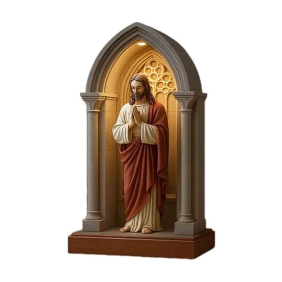LED Devotional Table Lamp with Sacred Statue, Soft Ambient Lighting, Elegant Religious Decor, Ideal Catholic Gift for Prayer and Reflection,Red