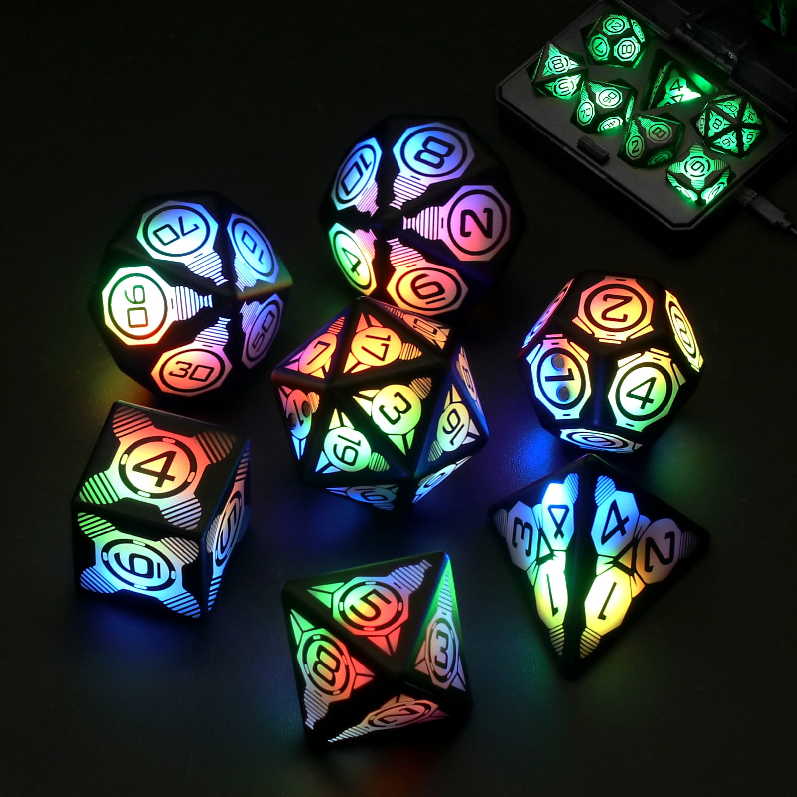 LED Dice Set of 7, DND Dice Rechargeable with Charging Box, Shake to Light Up Colorful Dice