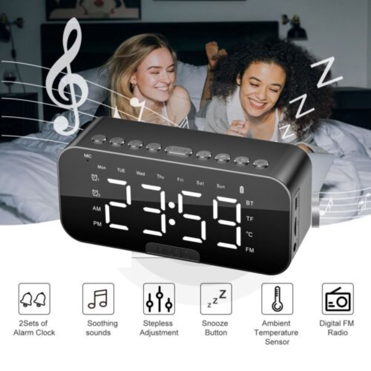 LED Digital Alarm Clock Bluetooth Speakers Portable with FM Radio Desk Mirror US