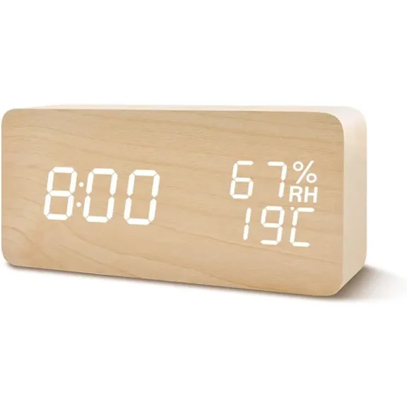 LED Digital Alarm Clock Date Humidity Temperature Wood Look Decor
