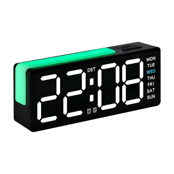 LED Digital Alarm Clock, Date Temperature Day Display With Brightness Adjustment and Dual Power, Black White Light