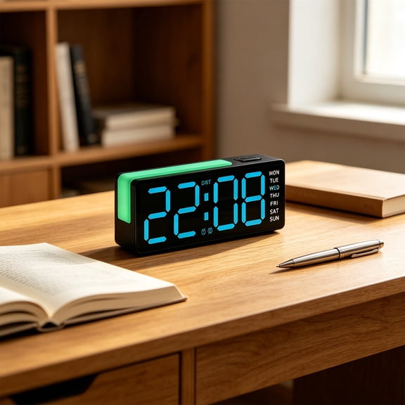 LED Digital Alarm Clock with Dual Alarms, Displays Time, Date, Day of Week, Temperature, Digital Clock with Large Numbers, Nightlight, Dimming, DST, Office Home Decor