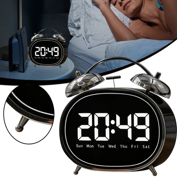 Silver Led Digital Clock Alarm Clock Silver LED Digital Display Loud Mechanical Bell Alarm for ...