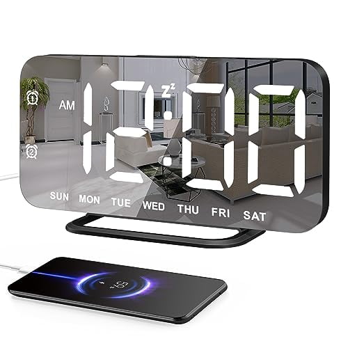 LED Digital Alarm Clock,Mirror Surface for Makeup,with Diming,Large Display,Easy Setting,USB Ports,Modern Decor for Bedroom,Desk,Idea for Women,Sister,College Girl,Black