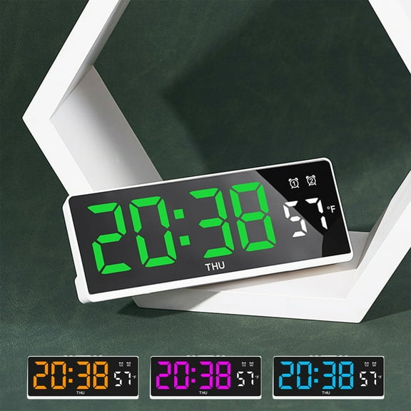 LED Digital Alarm Clock | Multi-Function | Temperature & Date Display | Multiple Alarms | 3-Level Adjustable Brightness | Battery Power Saving | Blue Green Orange Pink | 15.5×3×6.2cm