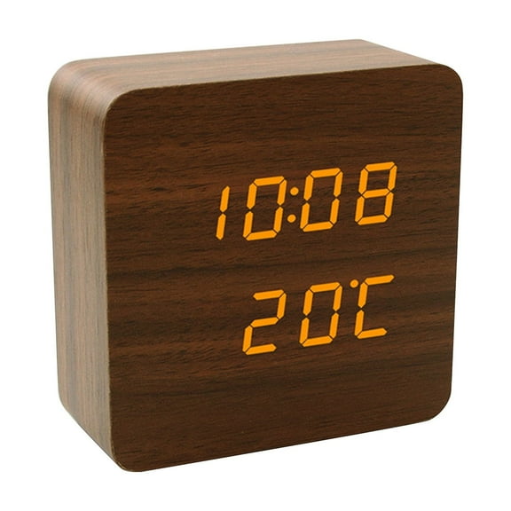 LED Digital Alarm Clock with Wood Finish, Voice-Activated, Atomic Radio Controlled, Temperature Display - Compact Design for Bedroom, Office, Desk Use