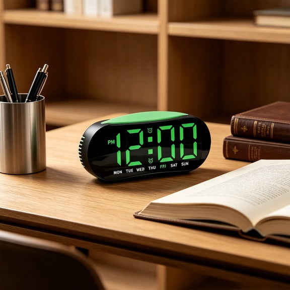 LED Digital Alarm Clock with Date and Temperature Display, Dimmable Desk Clock for Bedroom with Auto DST and Dual Power, 6.3 x 2.76 x 0.98 in
