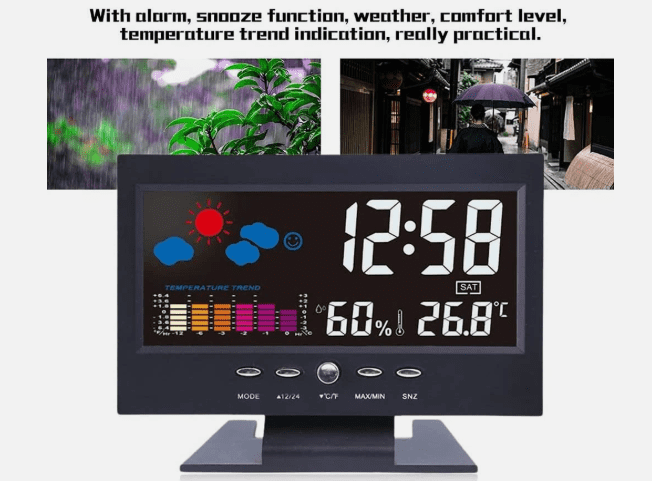 LED Digital Alarm Clock with Snooze – Calendar, Thermometer & Hygrometer Weather Display Desk Clock