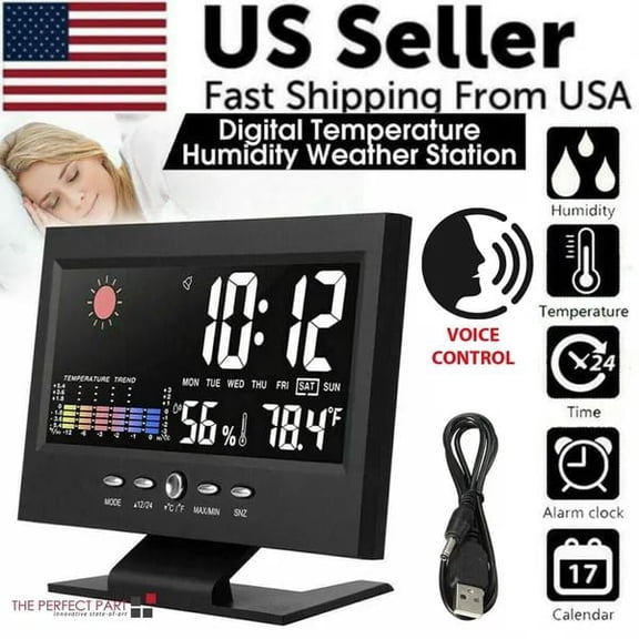 LED Digital Alarm Clock with Snooze, Calendar, Thermometer, Hygrometer & Weather Display - Modern Multifunctional Bedside Clock for Home & Office