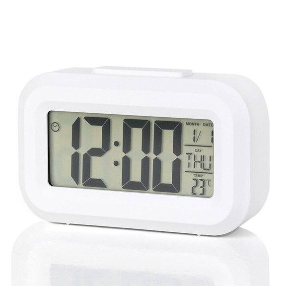 LED Digital Bedside Snooze Alarm Clock 12/24 Time Mode Calendar Temperature White