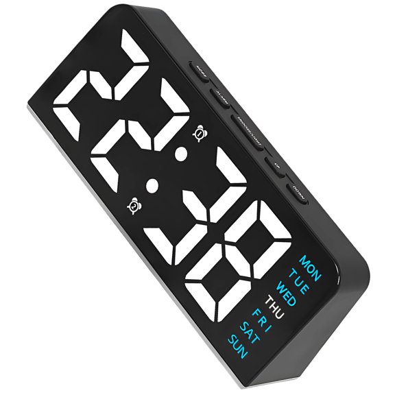 LED Digital Clock, Electronic Alarm with Large Time Display, Week Day Indicator, Desk Table Timepiece, Black Plastic, Bedroom Office Home Decor, Blue Glow Light