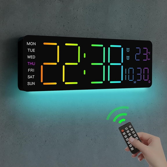 LED Digital Clock Large Display with RGB Color Remote Control, 13" Large Digital Wall Clocks for Living Room Decor, Digital Alarm Clock with Temp/Timer/DST/Dimmer/Ambient Light - 12/24H