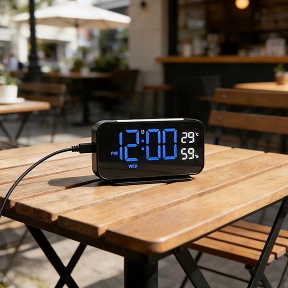 LED Digital Clock With Temperature Humidity Display - Indoor Outdoor Clock, Dual Alarm, Snooze, 3-Level Brightness, USB Powered, 5 Colors