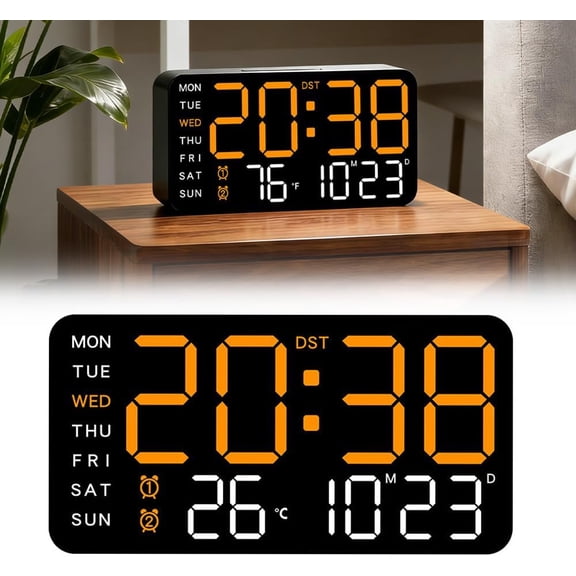 LED Digital Wall Clock 8.5 Inch Display Date Week Temp DST Dual Alarm 12 24Hr for Living Room Bedroom ClassroomBlack Shell Orange Light
