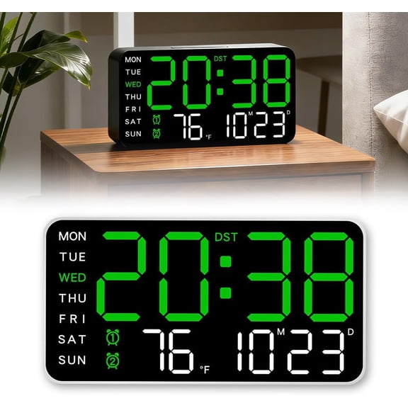 LED Digital Wall Clock 8.5 Inch Display Date Week Temp DST Dual Alarm 12 24Hr for Living Room Bedroom ClassroomWhite Shell Green Light