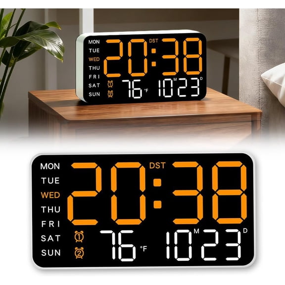 LED Digital Wall Clock 8.5 Inch Display Date Week Temp DST Dual Alarm 12 24Hr for Living Room Bedroom ClassroomWhite Shell Orange Light