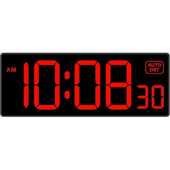 LED Digital Wall Clock, Large Digital Clock Bold Numbers with Seconds for Seniors Visually ImpairedPlug Electric Clock Dimmable Auto DST Large Display 10 Inches (Red)