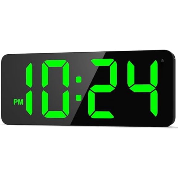 LED Digital Wall Clock with Large Display, Big Digits, Auto-Brightness, 12/24Hr Format, Modern Electric Small Silent Wall Clock for Living Room, Bedroom, Classroom, Farmhouse, Kitchen, Office - Green