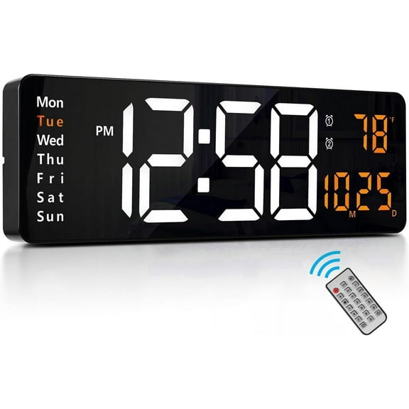 LED Digital Wall Clock with Remote, 16.2" Large Display LED Digital Alarm Clocks Auto Brightness Date Temp Week Display, 12/24Hr (Orange)