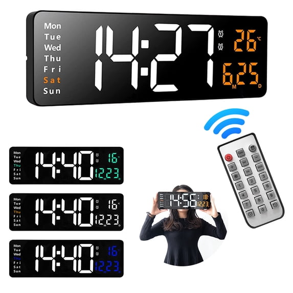 LED Digital Wall Clock with Remote Control 16 inch Large Screen Date Week Display Adjustable Brightness Alarm Clock