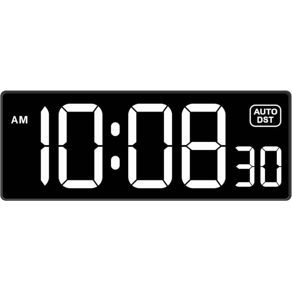 LED Digital Wall Clock with Seconds, Electric Clock Plug Auto DST Dimmer LED Large Display 10 Inches (White)