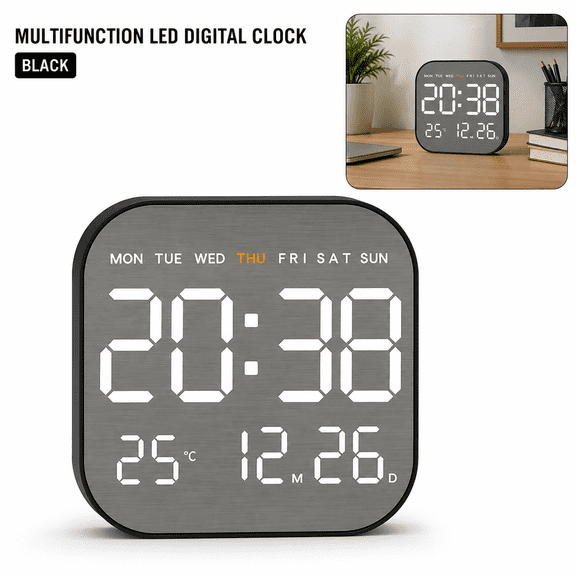 LED Digital Wall and Desk Clock with Large Display, Time, Date, Weekday and Indoor Temperature Display, 12/24-Hour and C/F Formats for Bedroom, Living Room and Office, Black