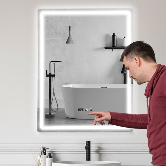 LED Dimmable Bathroom Mirror w/ Light Anti-Fog Smart Vanity Mirror Time Display 70*90cm for Bathrooms, Washrooms, Toilets