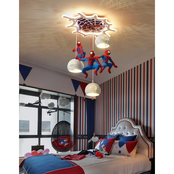 LED Dimmable Pendant Lamp Children's Room Spider Man Chandelier Kids Bedroom Light with Remote Control Creative Cartoon Design E26 Base for Modern Boy Baby Room Lighting Solution