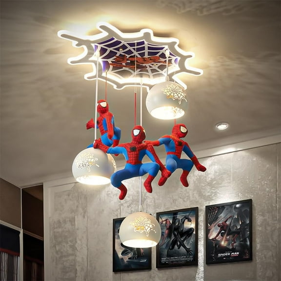 LED Dimmable Spiderman Chandelier Kids Bedroom with Remote Control Pendant Lamp Creative Cartoon Children's Room for Modern Boy Kids Baby Room E26 Base