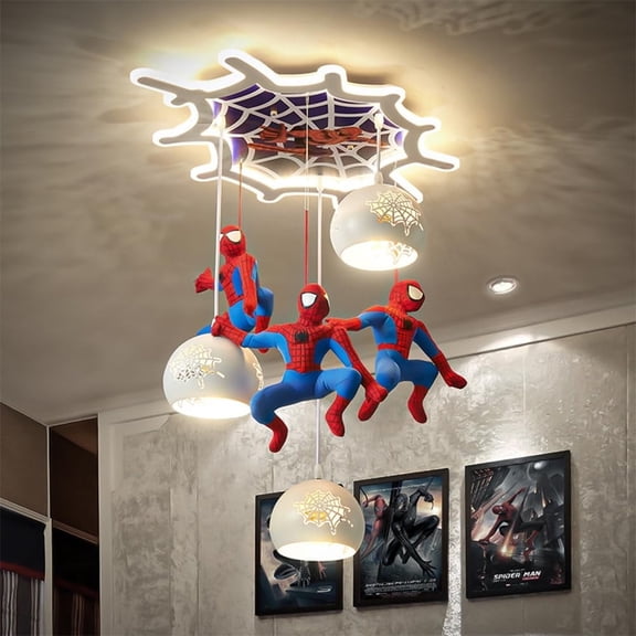 LED Dimmable Spiderman Chandelier Kids Bedroom with Remote Control Pendant Lamp Creative Cartoon Children's Room for Modern Boy Kids Baby Room E26 Base