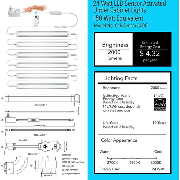 LED Dimmable Under Cabinet Lighting Kit with Touchless Control - Warm White 6X 12 Panel for Bookshelf, Toolbox, Hutch