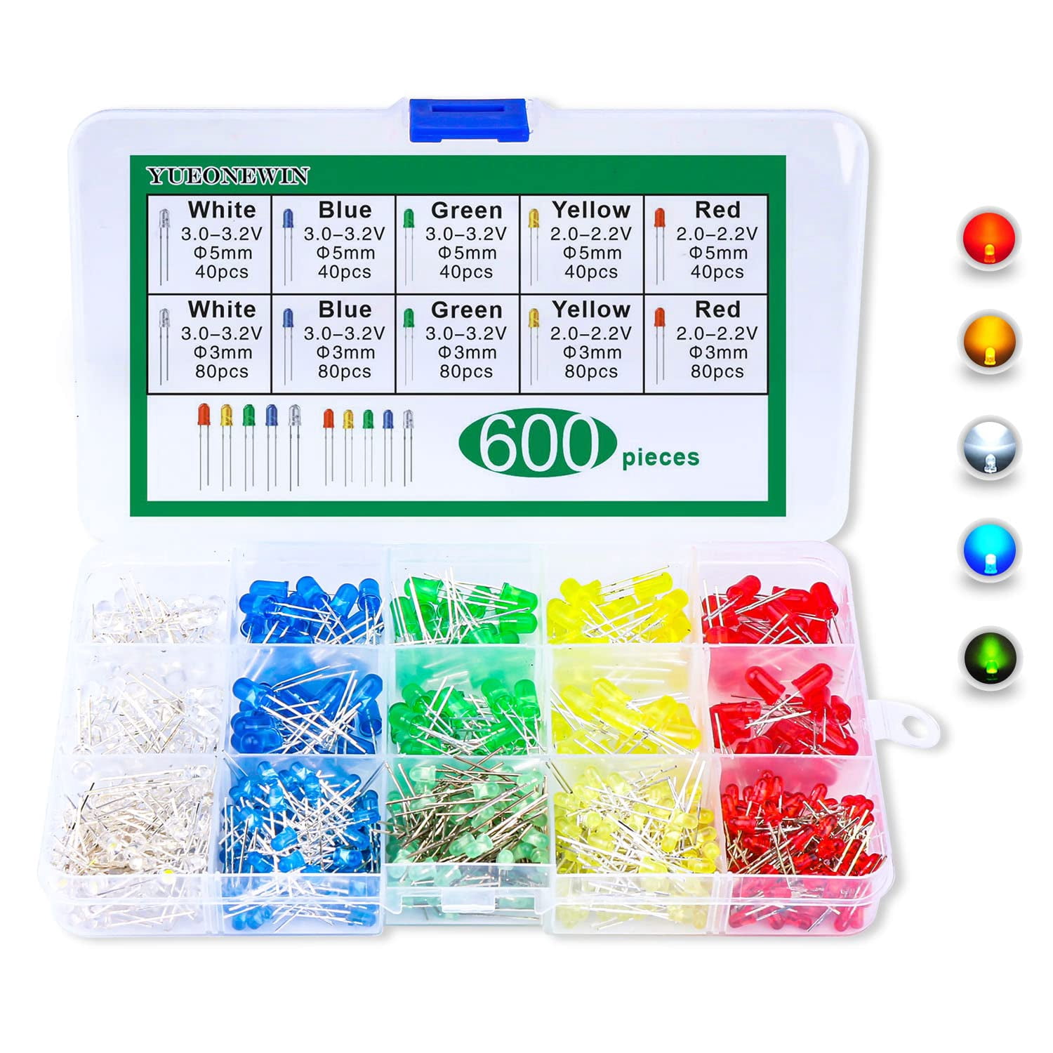 LED Diode Assortment Kit 600Pcs 3mm 5mm Round Diffused Electronic ...