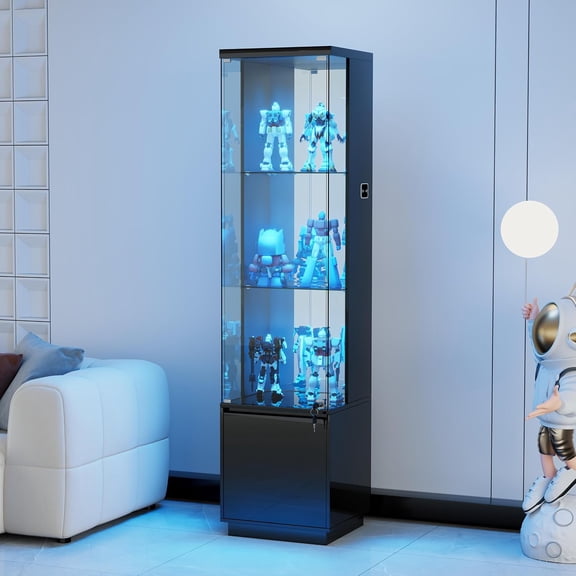 LED Display Cabinet with Glass Doors - 3-Tier Curio Cabinet with Lock & Removable Shelves, Corner Glass Display Case with Human Sensor Lights for Collectibles/Books/Medal/Figure, Black