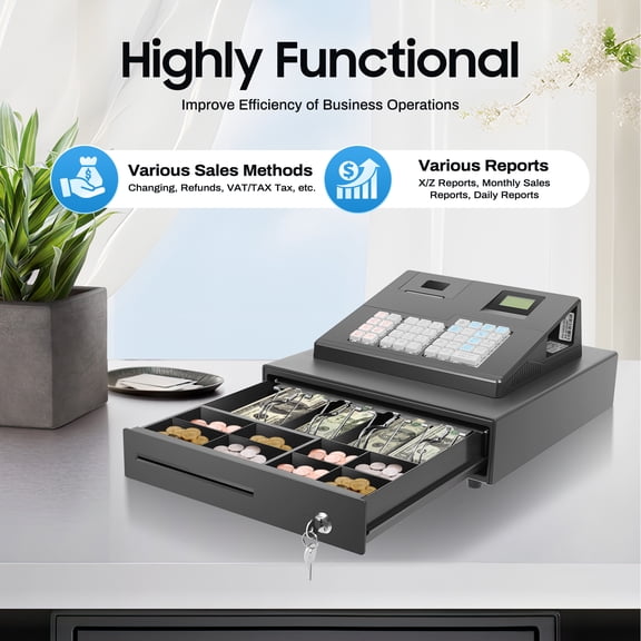 ECR600 All-in-One Thermal Cash Register with Built-in 9-Slot Cash Drawer, Standalone & PC Connect via USB/RS232 for Retail Stores