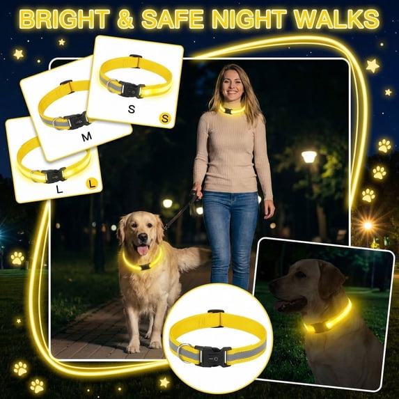 LED Dog Collar, Light Up Dog Collar Lights USB Rechargeable, Adjustable Comfortable Soft Mesh Safety Collar for Small, Medium, Large Dogs,Gifts for Pets and Pet Lovers(Yellow,S)