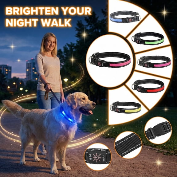LED Dog Collar Night Light Pet Safety Collar Glow in the Dark Reflective Heavy Duty Nylon Adjustable Waterproof for Small Medium Large Dogs Red