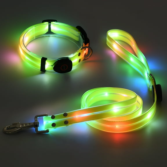 Rirool Glow Dog Collar & Leash Set, Adjustable LED Collar (35-55cm) + 120cm Leash, 3 Light Modes, Quick Charge, Night Safety